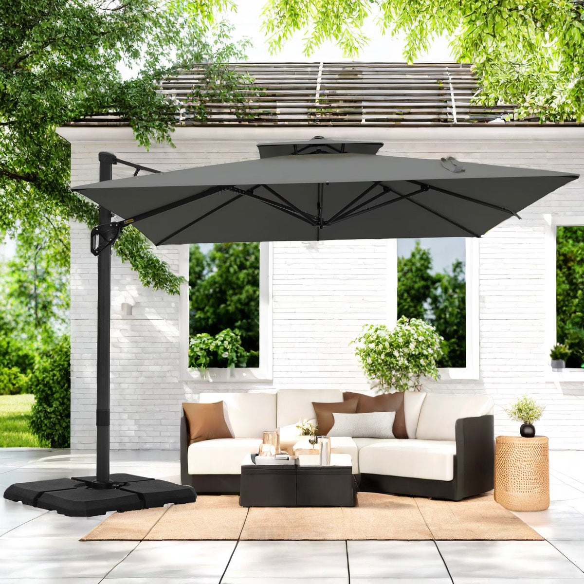 Nouveauté 2026 – Parasol d'extérieur Alpha Joy 12x9pi (3,66 x 2,74 m), grand modèle rectangulaire déporté à double structure, rotation à 360°, beige