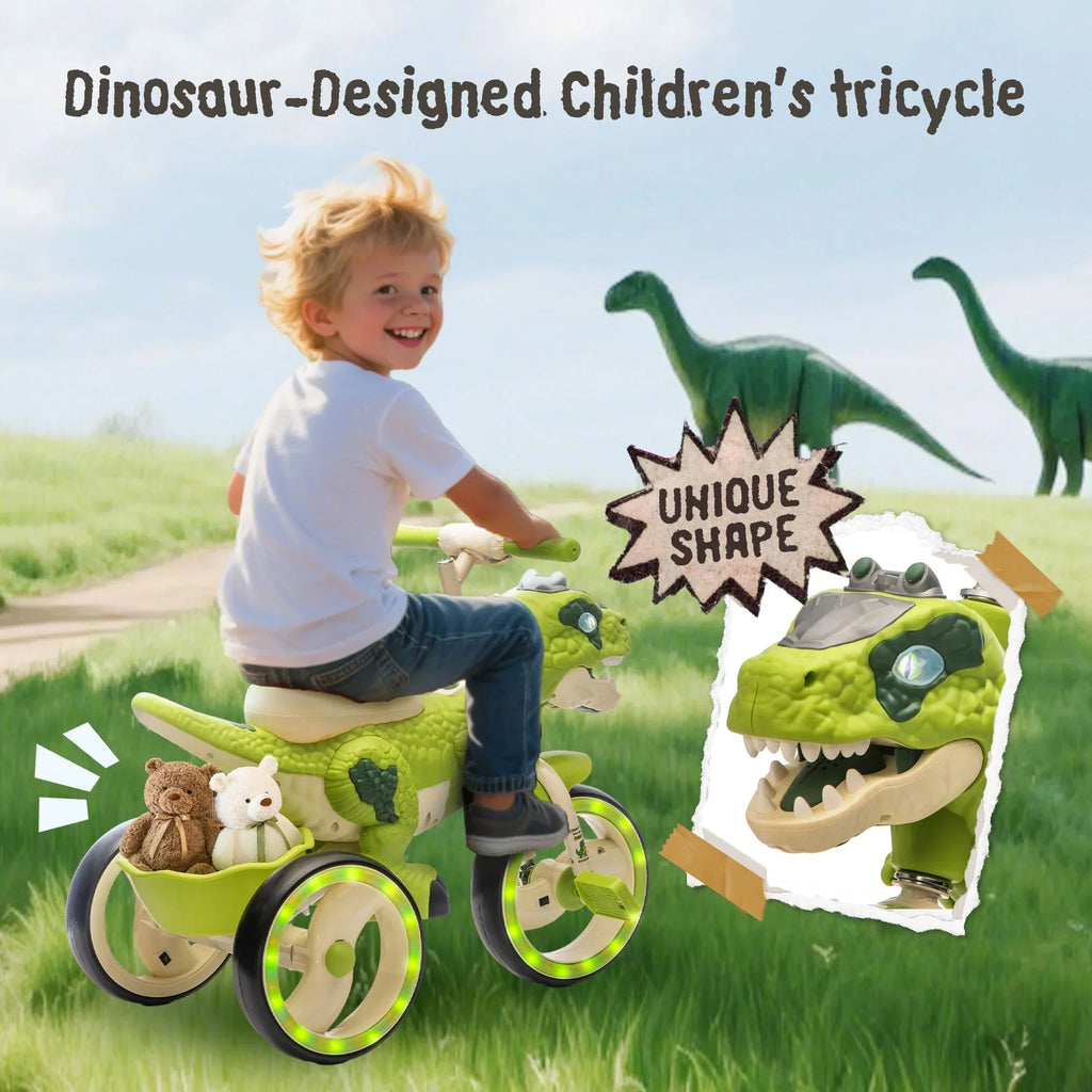 Nouveauté 2026 – Tricycle dinosaure Xuanlur pour enfants , avec larges roues lumineuses, pédales antidérapantes, panier arrière, musique et lumières LED, jouet idéal pour les enfants de 3 à 6 ans (vert