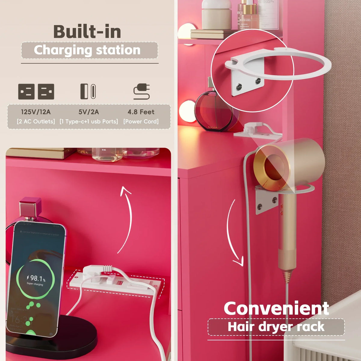 Nouveauté 2026 – Coiffeuse Lacoo avec miroir et éclairage LED, meuble de maquillage avec 7 tiroirs et 4 étagères, table de toilette avec prise électrique pour chambre ou dressing, blanche