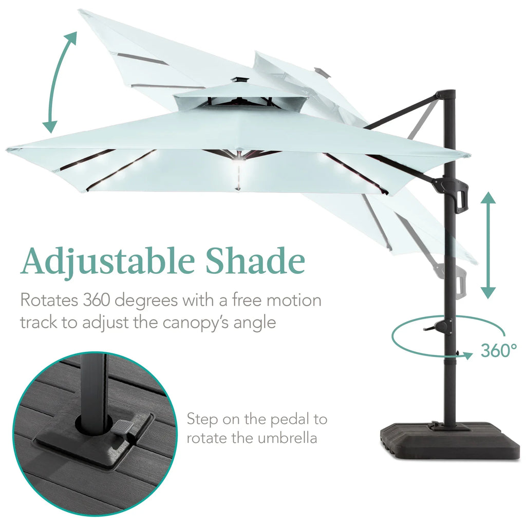 Nouveauté 2026 – Parasol de terrasse carré déporté à deux niveaux, 3 x 3 m, à éclairage solaire LED, avec base incluse (Best Choice Products, ) - Beige