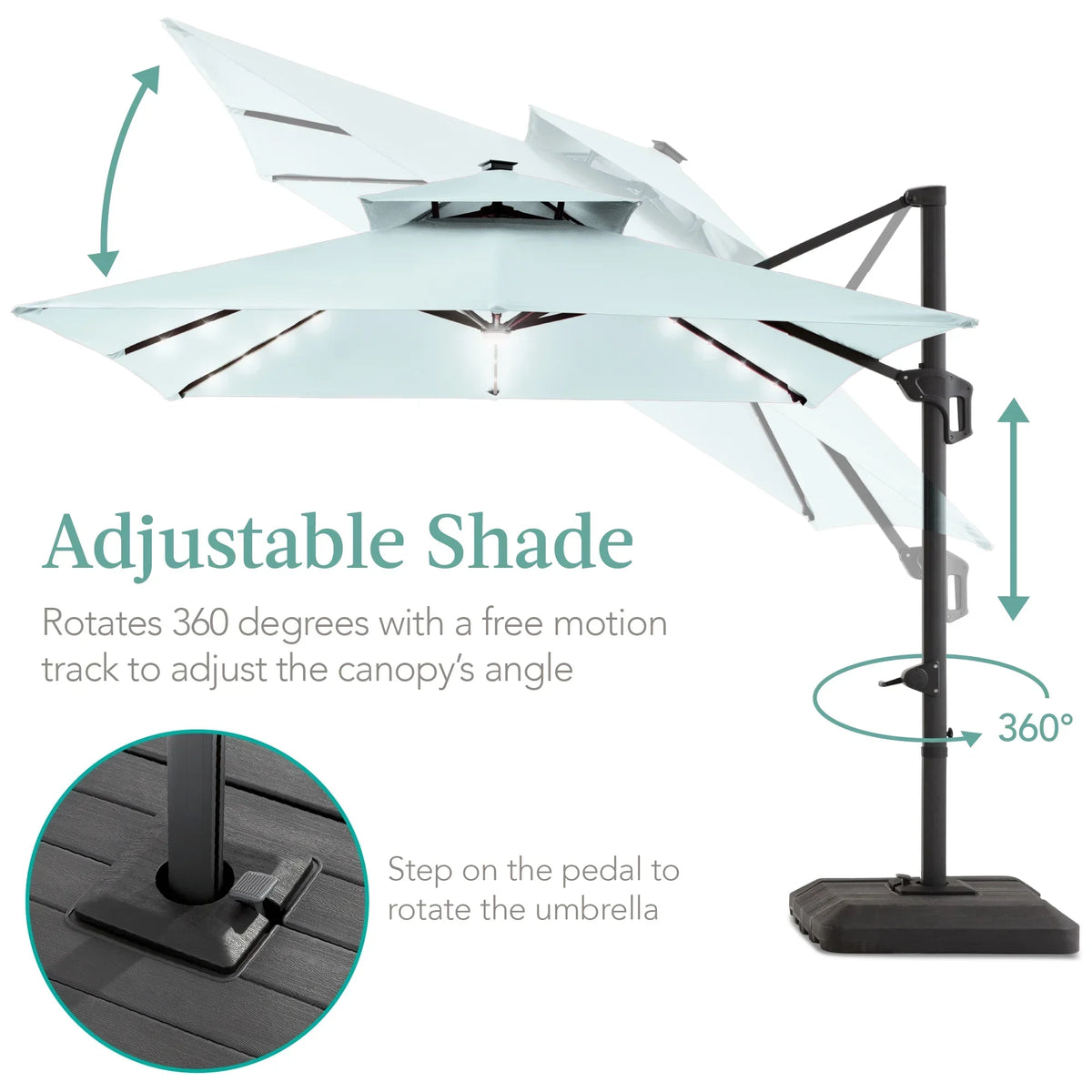 Nouveauté 2026 – Parasol de terrasse carré déporté à deux niveaux, 3 x 3 m, à éclairage solaire LED, avec base incluse (Best Choice Products, ) - Beige