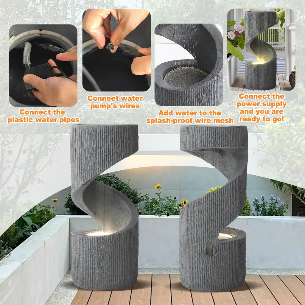 Nouveauté 2026 – Fontaine d'extérieur en forme de S Magic Union , fontaine d'intérieur à cascade en spirale avec lumières LED et pompe, fontaine incurvée en résine pour patio, cour, terrasse, porche et décoration intérieure