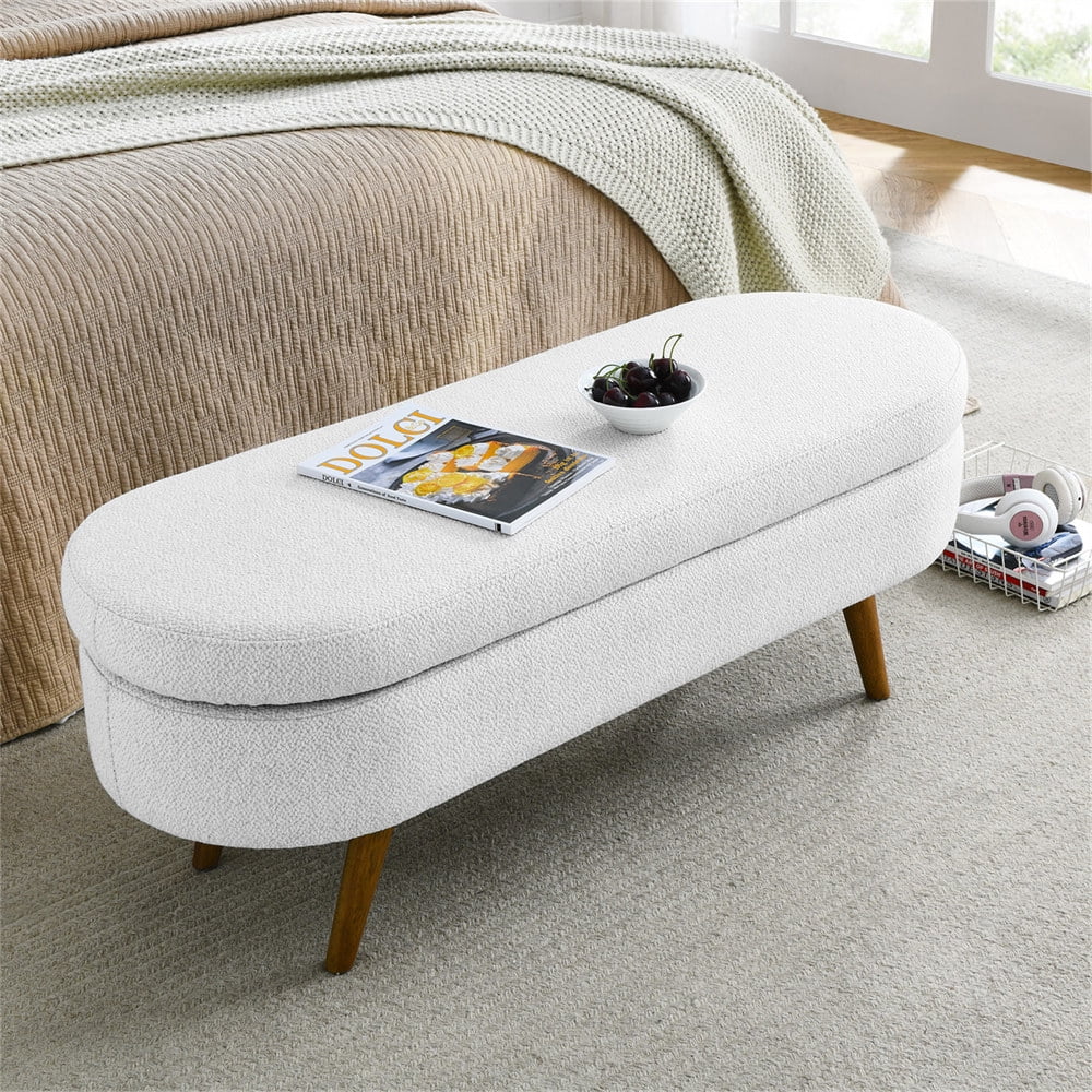 Nouveauté 2026 – Nouveau banc ottoman de rangement ovale de 110 cm (43,5 po) avec pieds en bois massif, revêtement en lin, charnière de sécurité, idéal pour l'entrée ou comme banc d'intérieur au pied du lit, à côté d'un canapé ou dans une entrée
