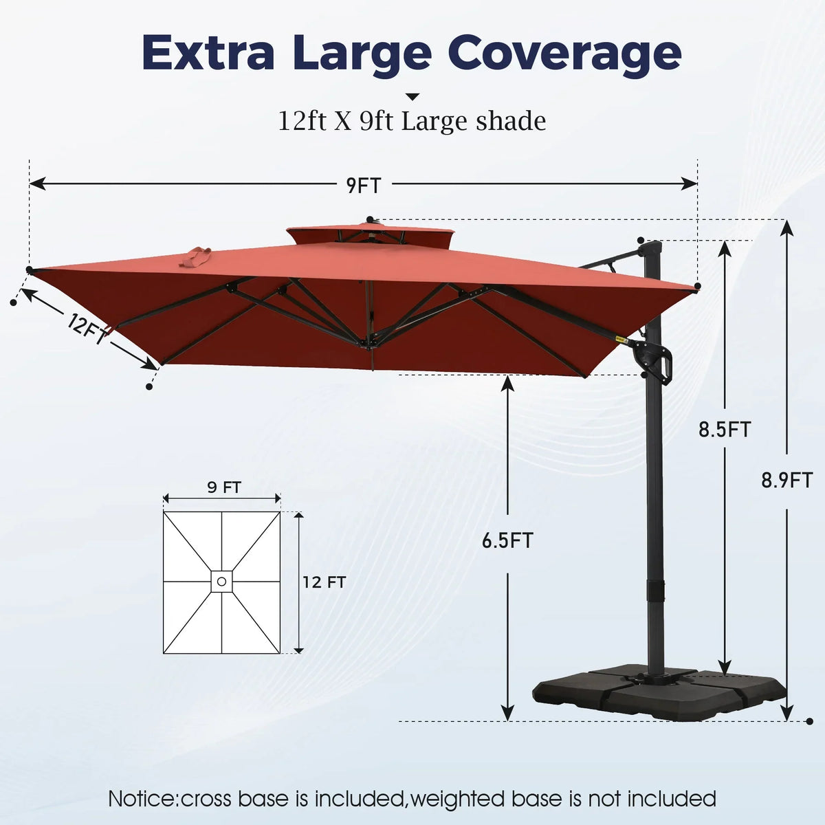 Nouveauté 2026 – Parasol d'extérieur Alpha Joy 12x9pi (3,66 x 2,74 m), grand modèle rectangulaire déporté à double structure, rotation à 360°, beige