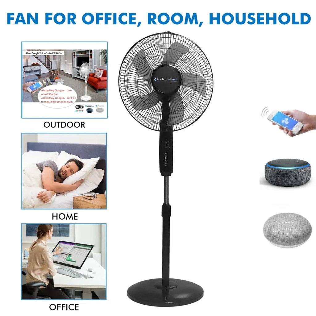 Nouveauté 2026 – Ventilateur sur pied oscillant Technical Pro Smart WiFi 16 pouces, 3 vitesses, noir