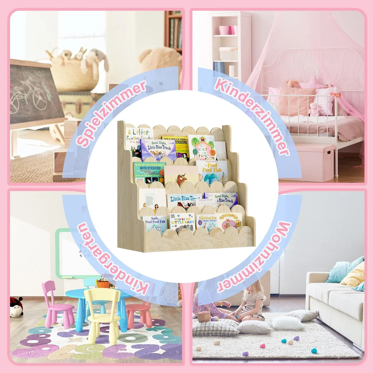 Nouveauté 2026 – Étagère Montessori en bois pour enfants - Présentoir à livres festonné à 4 niveaux, rangement pour livres et jouets de bébé/tout-petit, rangement mixte pour salle de jeux ou classe