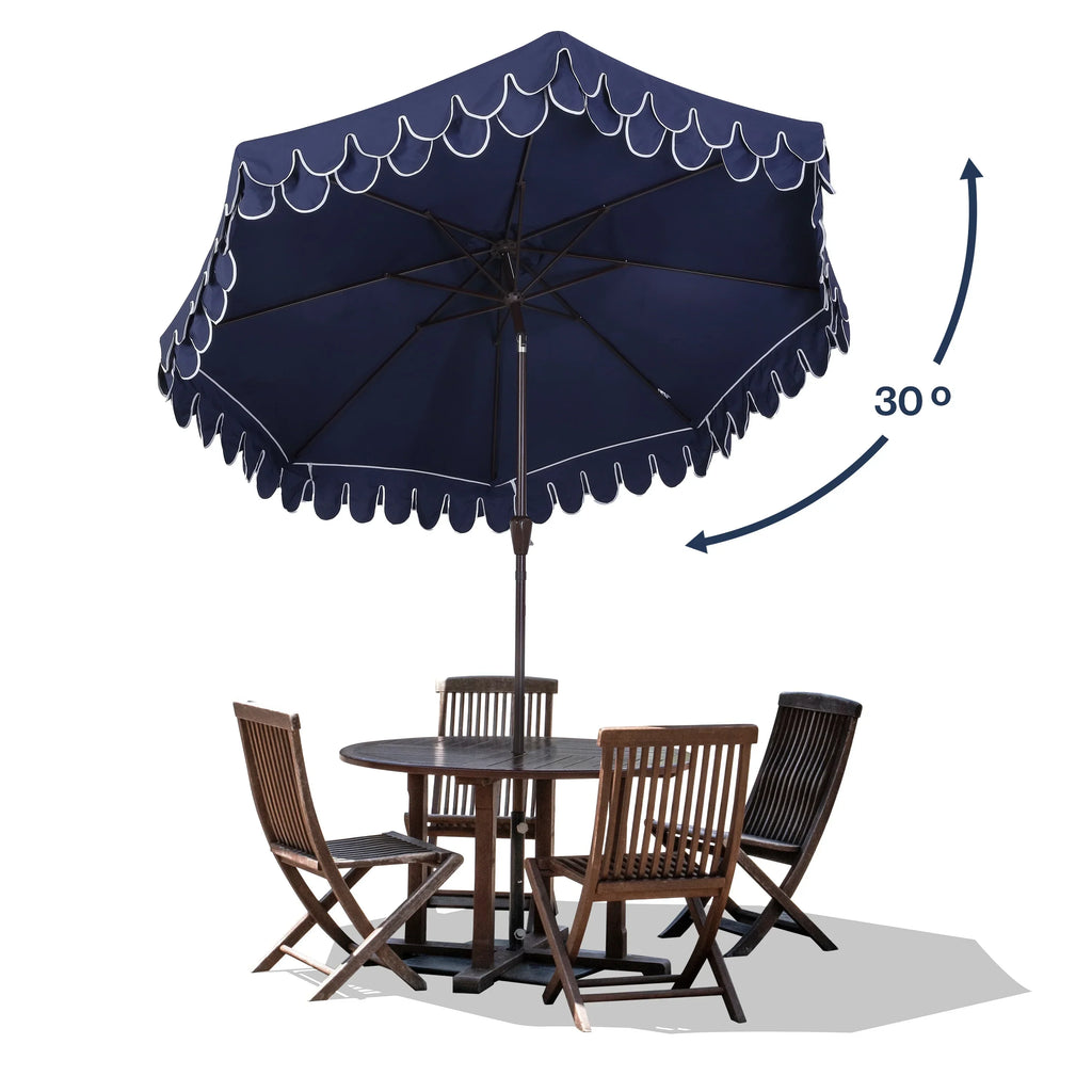 Nouveauté 2026 – Parasol de marché JONATHAN Y Tracy 2,74 m (9 pi), style classique milieu du siècle, franges festonnées, manivelle d'inclinaison automatique, aération et protection UV, rose corail/blanc, mât marron foncé