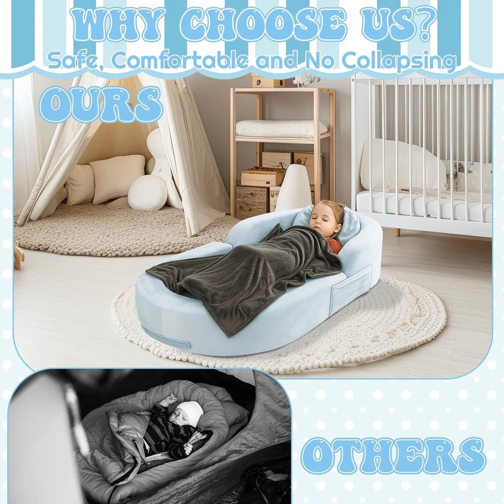Nouveauté 2026 – Lit de voyage pour tout-petits Coumy 2-en-1 avec housse amovible, matelas pliable et portable en mousse souple, sac de transport inclus, bleu