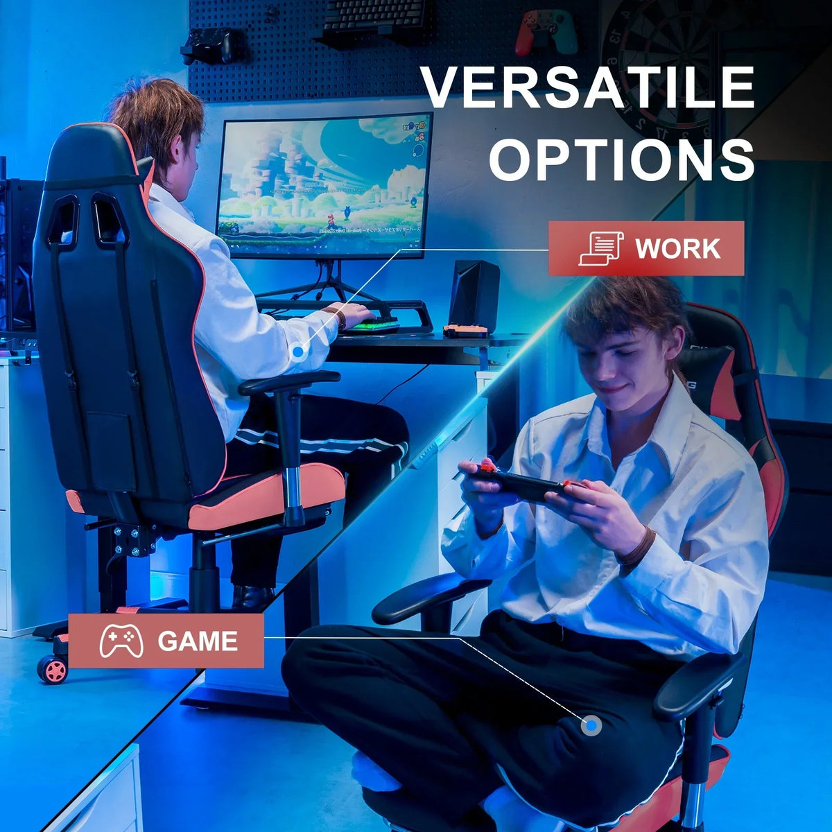Nouveauté 2026 – Chaise de jeu GTRACING , chaise de bureau ergonomique avec soutien lombaire, revêtement en cuir PU, repose-pieds et appui-tête réglable, rouge
