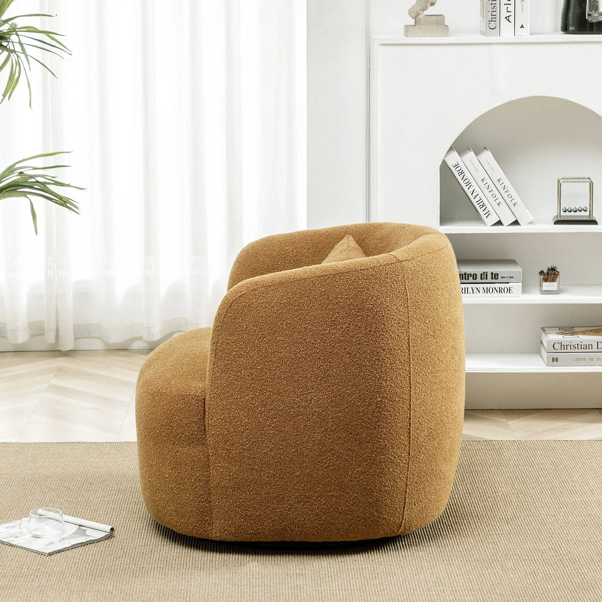Nouveauté 2026 – Fauteuil pivotant rond 34" en bouclette de 86 cm de large, sans assemblage, avec coussin décoratif, idéal pour le salon et la chambre, couleur taupe