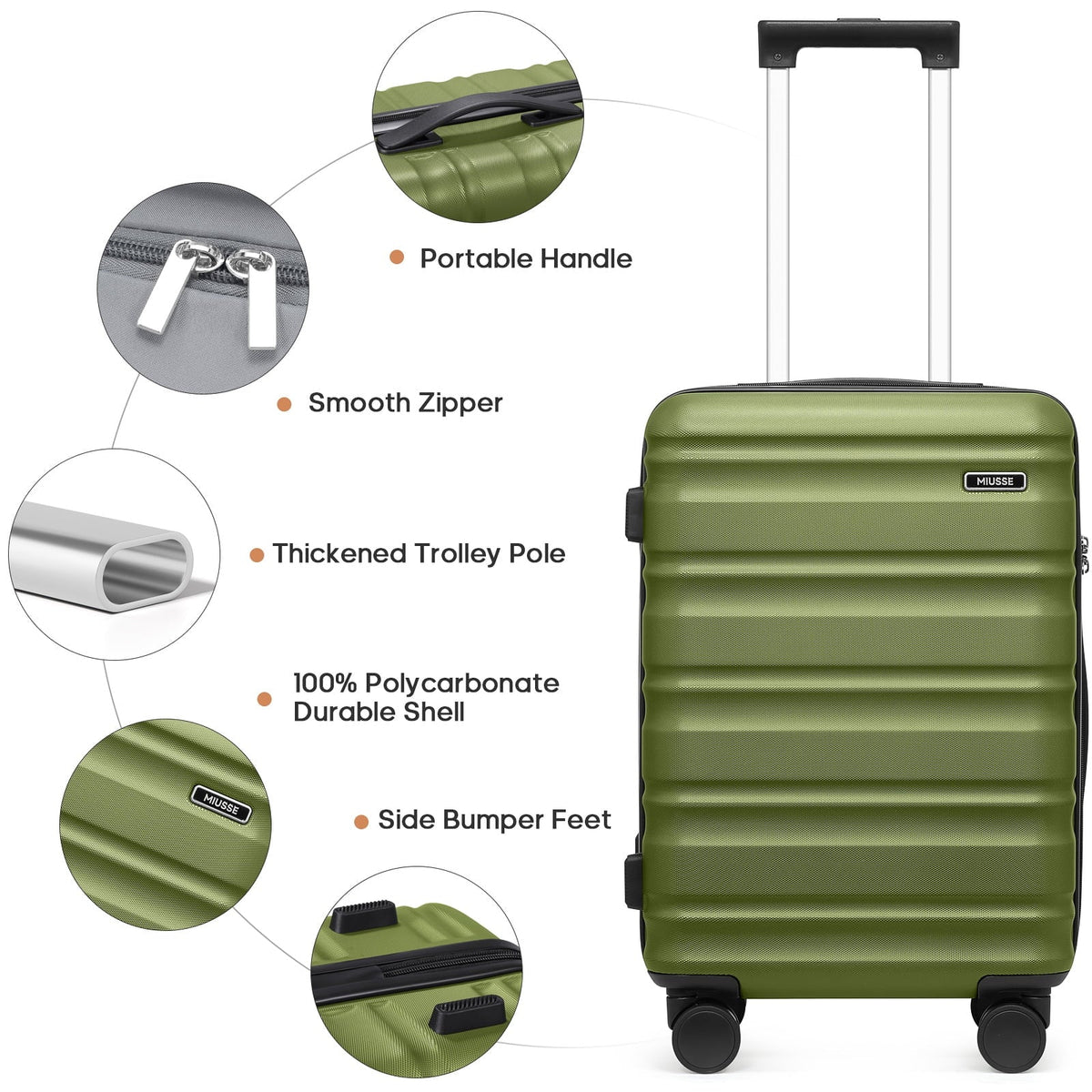 Nouveauté 2026 – Ensemble de bagages MIUSSE , 3 pièces : valise cabine 20 pouces à roulettes, coque rigide 100 % PC avec serrure TSA, conforme aux normes des compagnies aériennes, avec sac à dos de voyage pour hommes et femmes