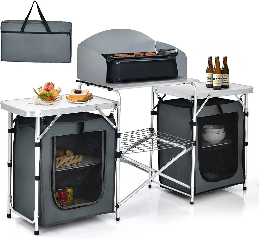 Nouveauté 2026 – Table de cuisine de camping Camping avec rangement, table de cuisson extérieure portable en aluminium avec pare-vent, table de camping pliable pour barbecue, grillades, fêtes et pique-niques