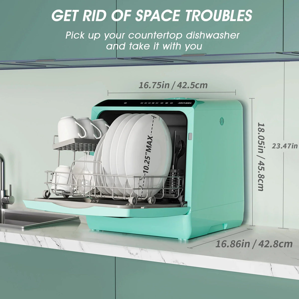 Nouveauté 2026 – Lave-vaisselle portable de comptoir AIRMSEN avec réservoir d'eau intégré de 5 litres et fonction de séchage à l'air, 5 programmes de lavage, mini lave-vaisselle, AE-TDQR03