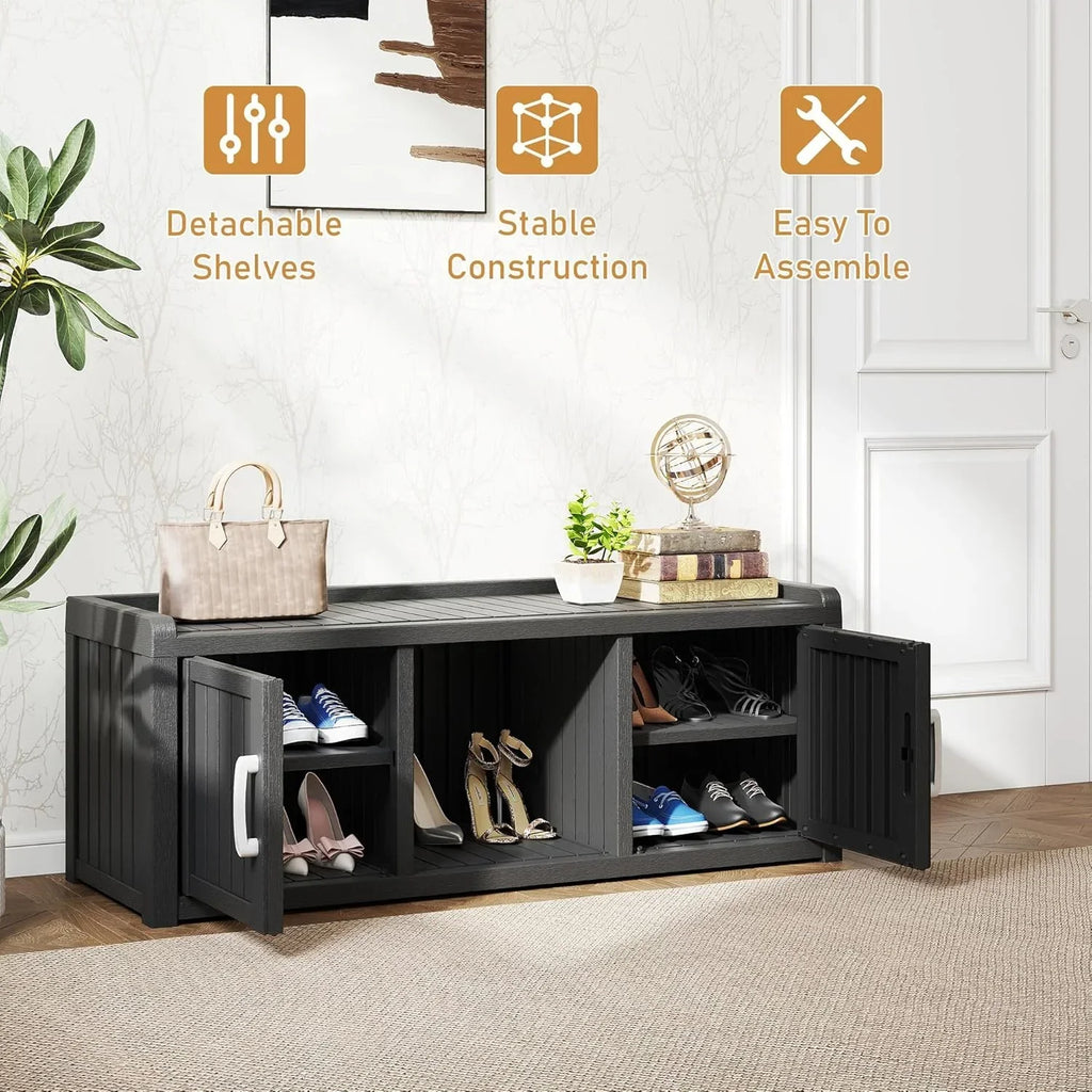 Nouveauté 2026 – Meuble de rangement à chaussures d'extérieur KAMABOKO , banc de rangement étanche et résistant aux UV pour entrée, intérieur et extérieur, avec 2 portes coulissantes de style grange et étagères réglables pour entrée, chambre, couloir