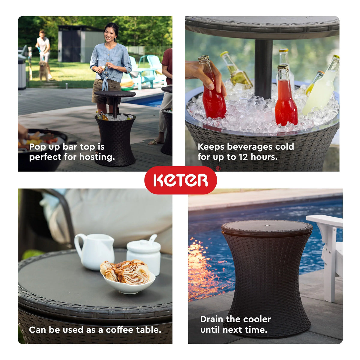 Nouveauté 2026 – Table d'appoint et bar isotherme Keter Pacific Cool Bar 2 en 1 de 28 litres (7,5 gallons), résistante aux intempéries, en résine durable, aspect rotin marron