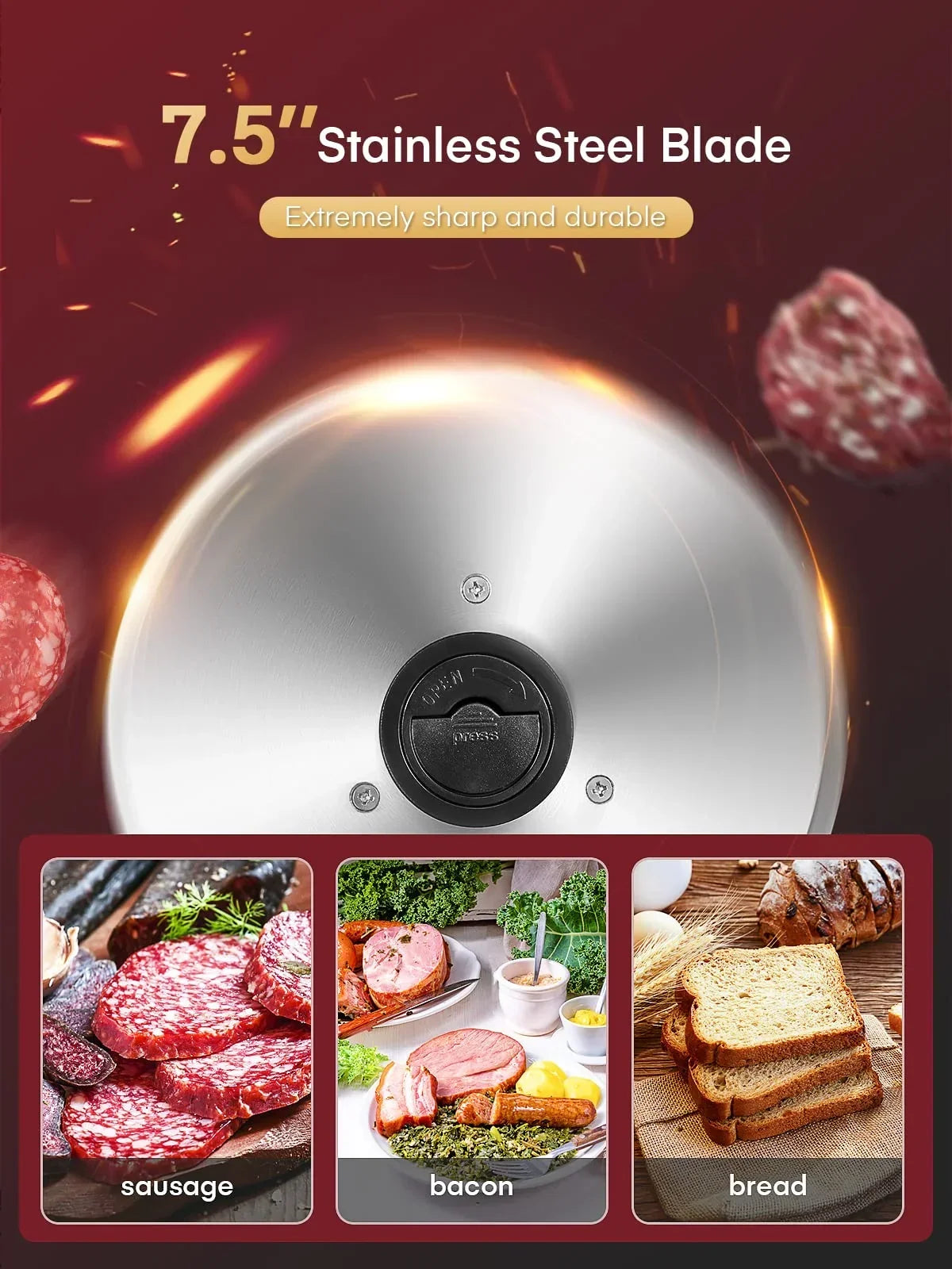 Nouveauté 2026 – Trancheuse à viande électrique FOHERE , avec lame amovible en acier inoxydable de 19 cm (7,5 po), coupe viande, fromage, pain, argent