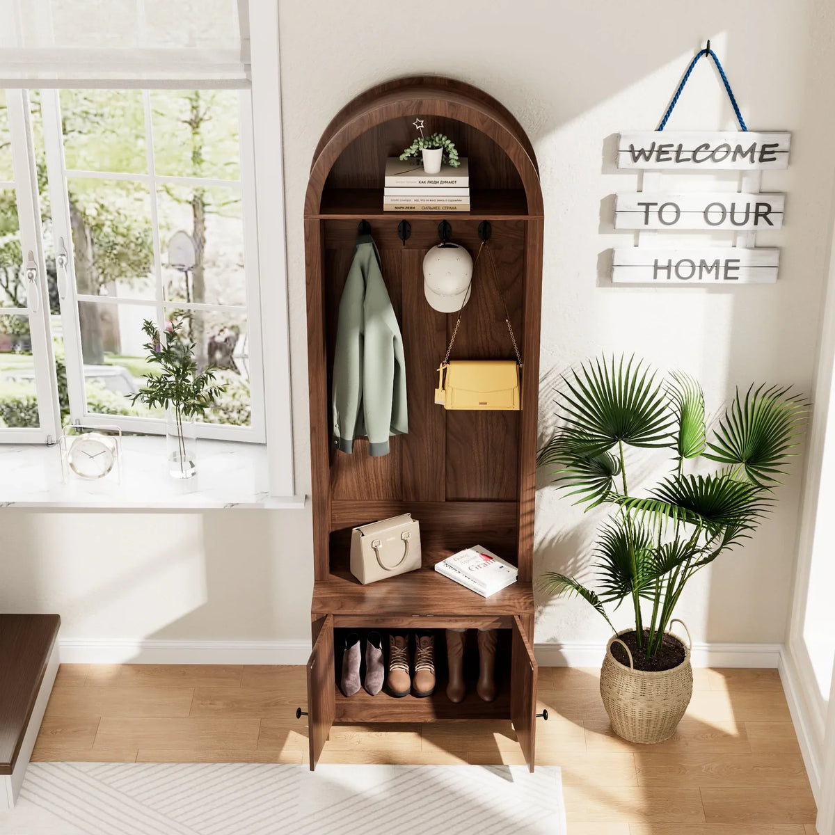 Nouveauté 2026 – Meuble d'entrée LUCKYELF avec rangement pour chaussures, banc d'entrée avec 4 crochets et 2 portes, armoire porte-manteaux en forme d'arche pour couloir