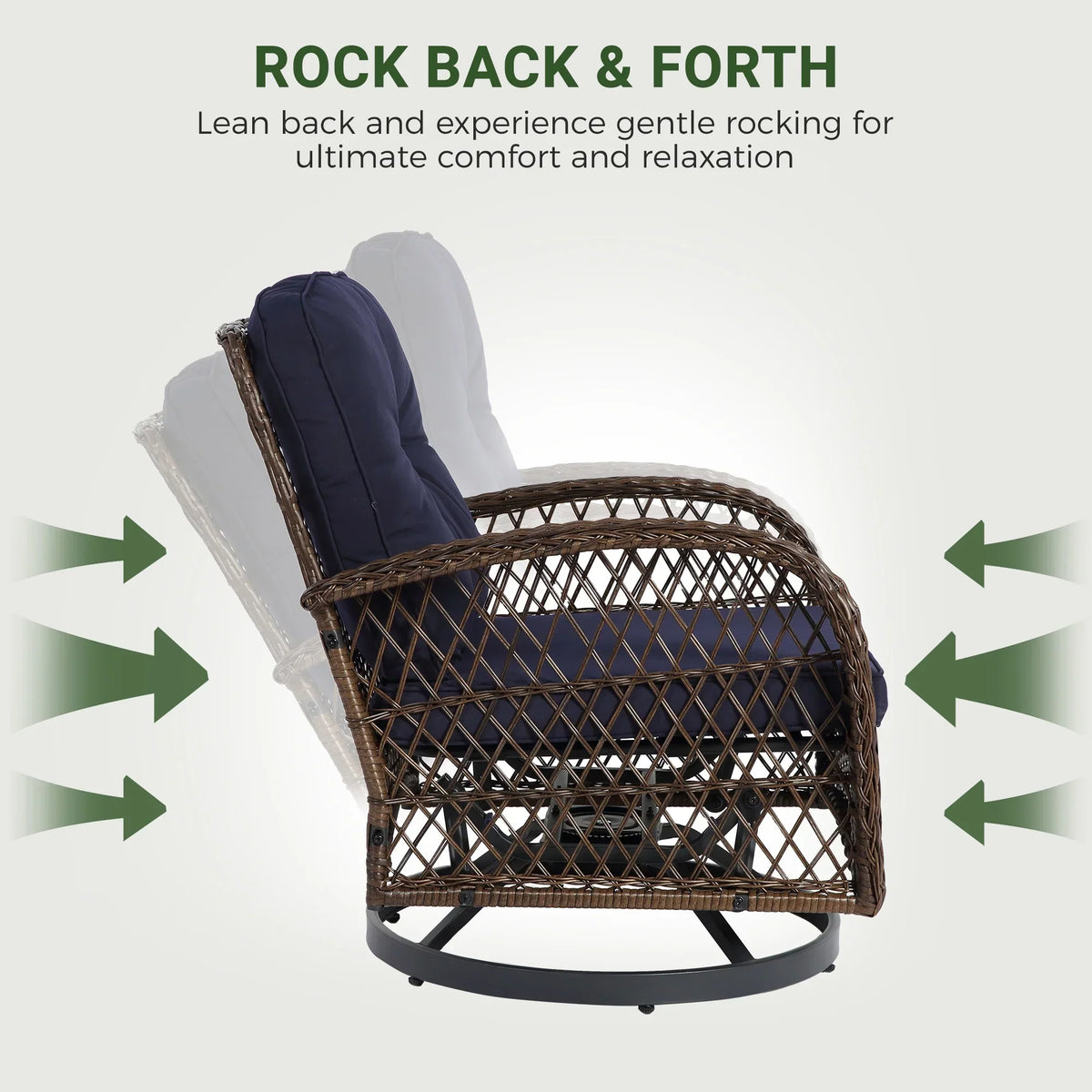 Nouveauté 2026 – Ensemble de 3 fauteuils à bascule pivotants pour patio, 2 fauteuils à bascule pivotants à 360 degrés et 1 table basse en verre, ensemble bistro d'extérieur en rotin PE avec coussins pour balcon, terrasse, piscine, jardin ou véranda