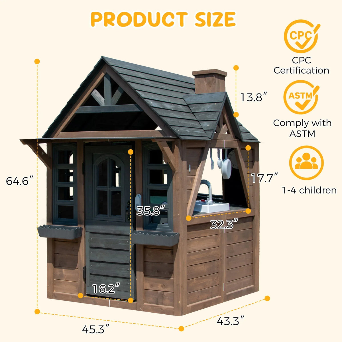 Nouveauté 2026 – Maisonnette d'extérieur COCLUB pour enfants de 4 à 8 ans, en bois, avec sonnette, téléphone et jouets de cuisine. Dimensions : 114 cm (L) x 165 cm (H). Couleurs : blanc et noir