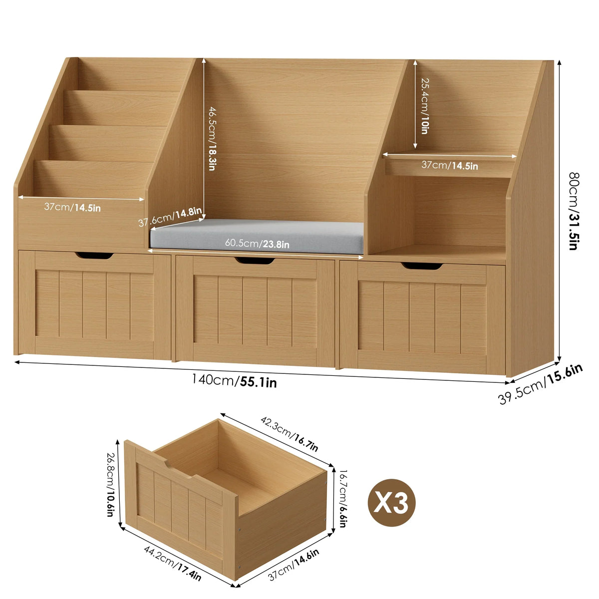 Nouveauté 2026 – Bibliothèque pour enfants Homfa avec coin lecture et 3 tiroirs amovibles, bibliothèque à 2 cubes avec étagères à livres à 4 niveaux, rangement pour jouets et jouets, idéale pour la chambre ou la salle de jeux, blanche