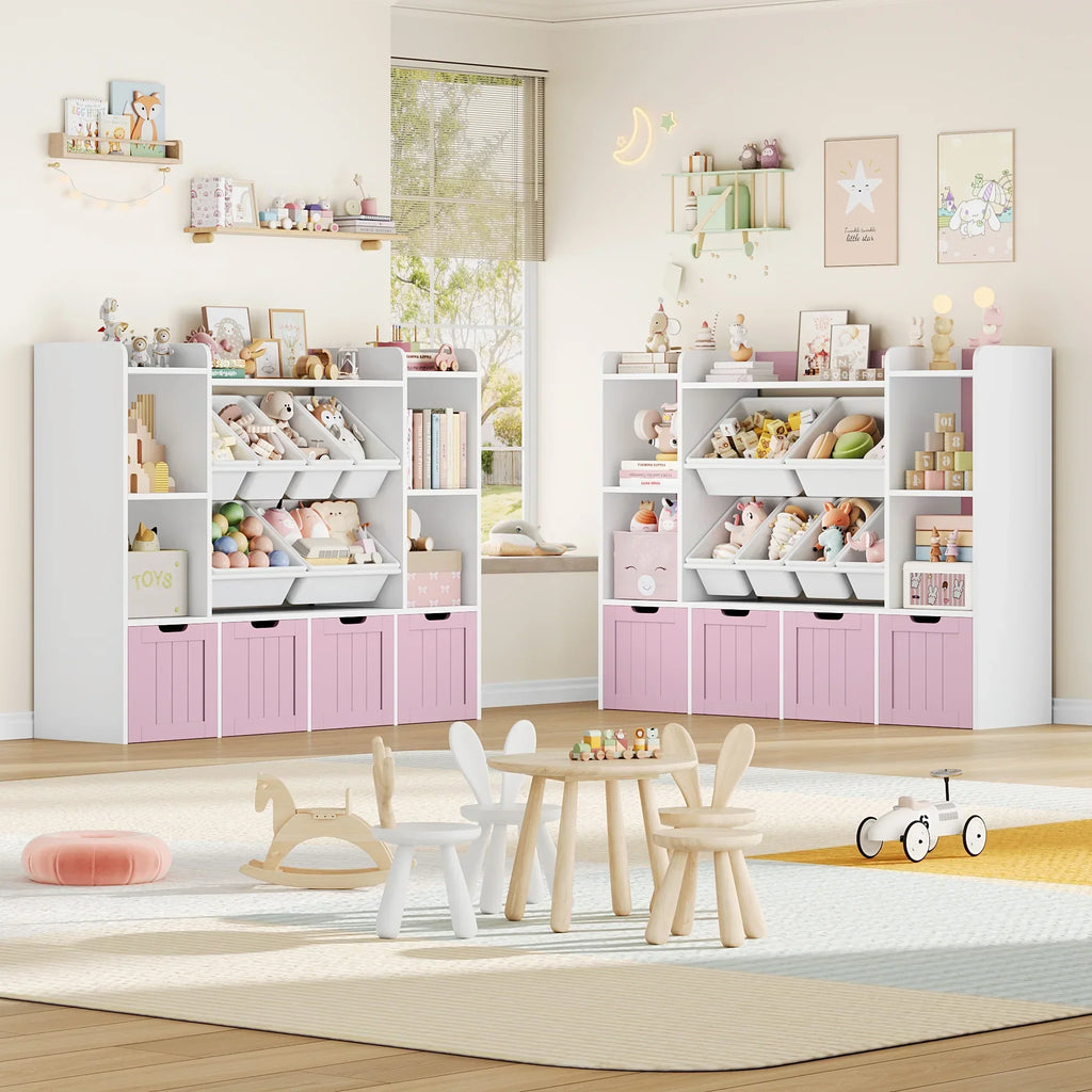 Nouveauté 2026 – Bibliothèque enfant Hiphuta à 3 niveaux avec rangement pour jouets, en bois, composée de 6 boîtes et 4 tiroirs amovibles, blanche