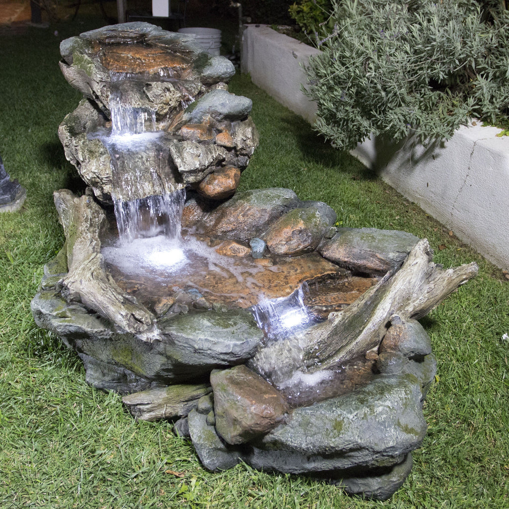 Nouveauté 2026 – Fontaine d'extérieur à 3 niveaux en pierre de forêt tropicale avec éclairage LED, Alpine Corporation