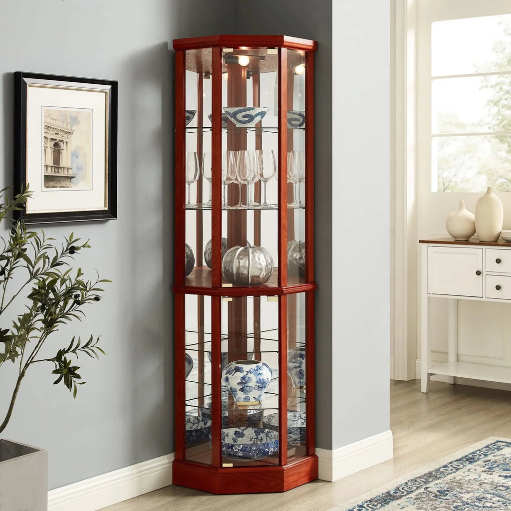Nouveauté 2026 – Vitrine d'angle en noyer avec 6 étagères, fond en verre et miroir réglable, éclairage intégré