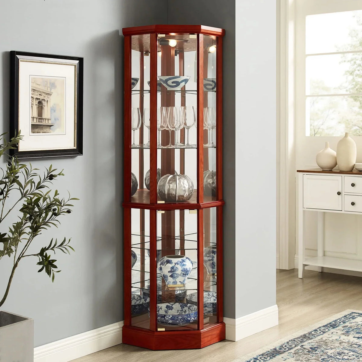 Nouveauté 2026 – Vitrine d'angle en noyer avec 6 étagères, fond en verre et miroir réglable, éclairage intégré