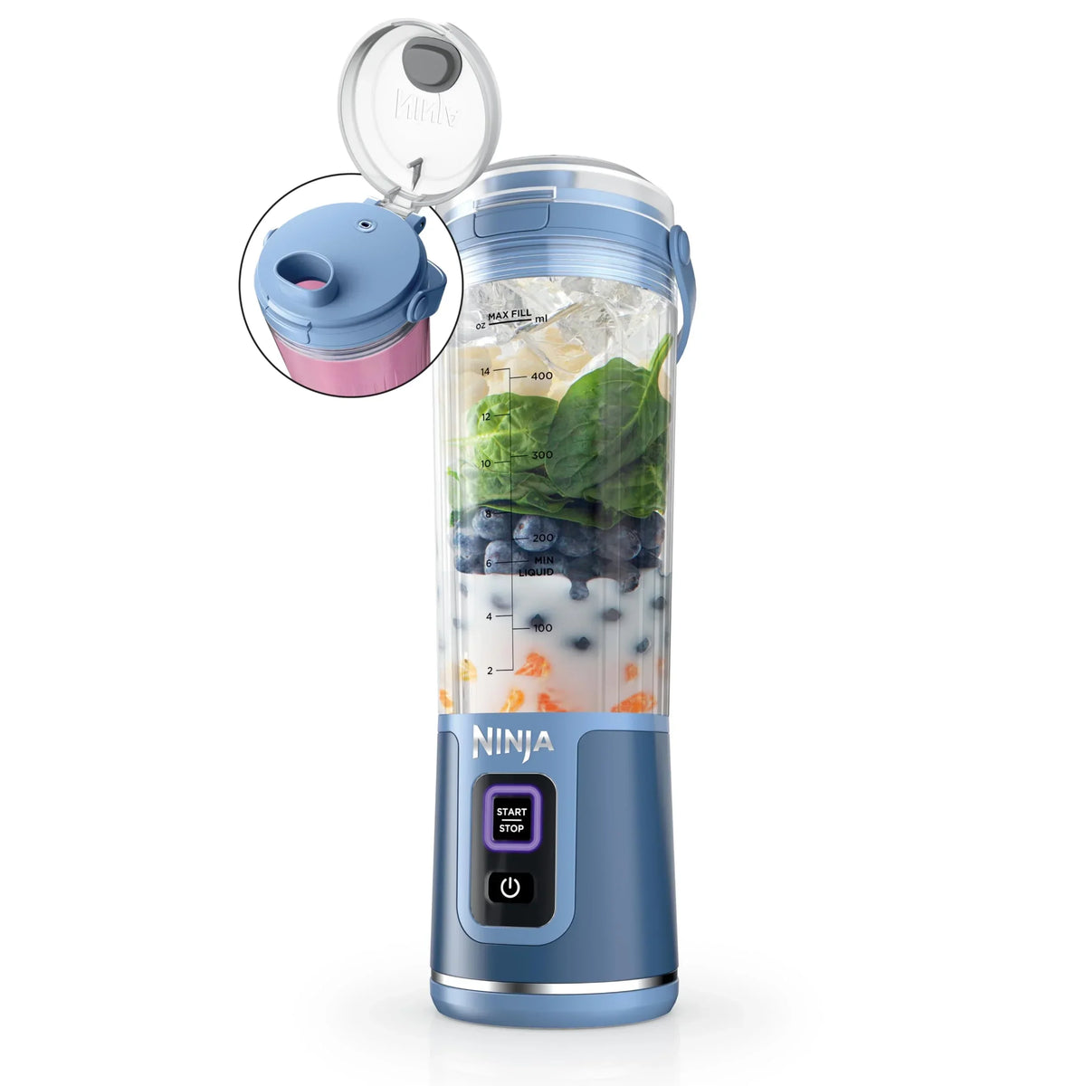 Nouveauté 2026 – Blender portable Ninja Blast , sans fil, bol de 532 ml (18 oz), blender individuel pour milkshakes et smoothies, sans BPA, couvercle étanche et bec verseur, rechargeable par USB-C, pièces compatibles lave-vaisselle, violet métallisé