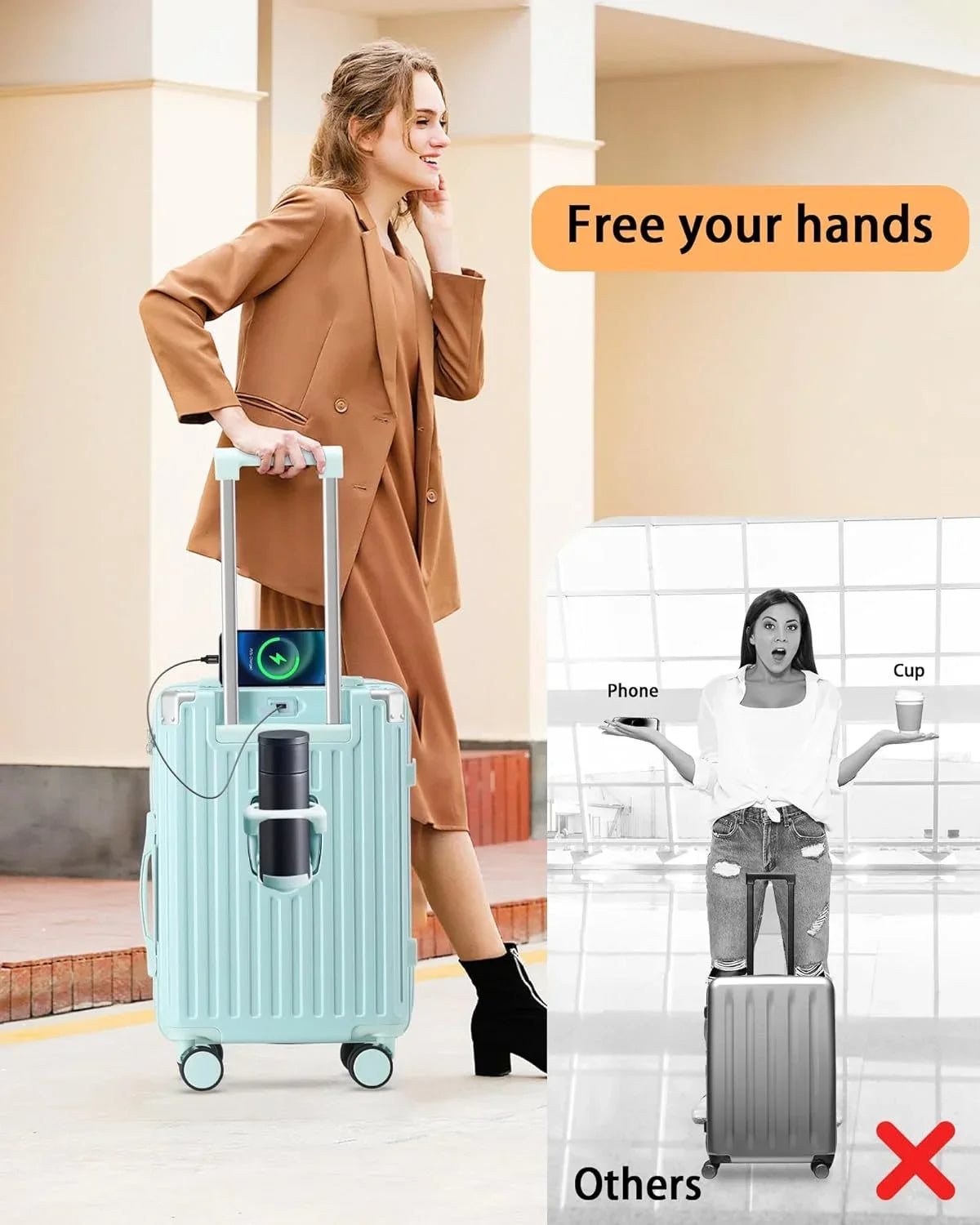 Nouveauté 2026 – Valise cabine 20 de 51 cm (20 pouces) avec porte-gobelet et port USB, approuvée par les compagnies aériennes et verrouillable TSA, légère, en polycarbonate, avec roulettes pivotantes à 360°