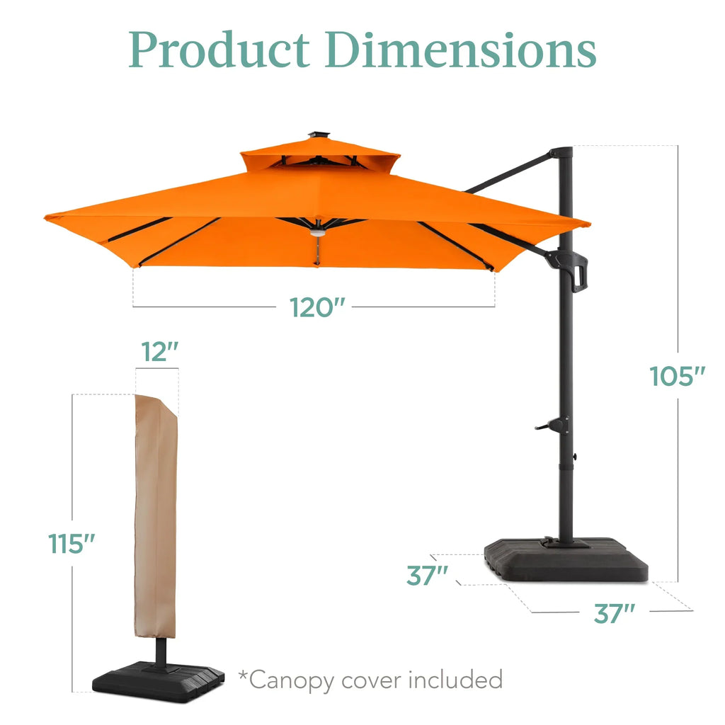 Nouveauté 2026 – Parasol de terrasse carré déporté à deux niveaux, 3 x 3 m, à éclairage solaire LED, avec base incluse (Best Choice Products, ) - Beige