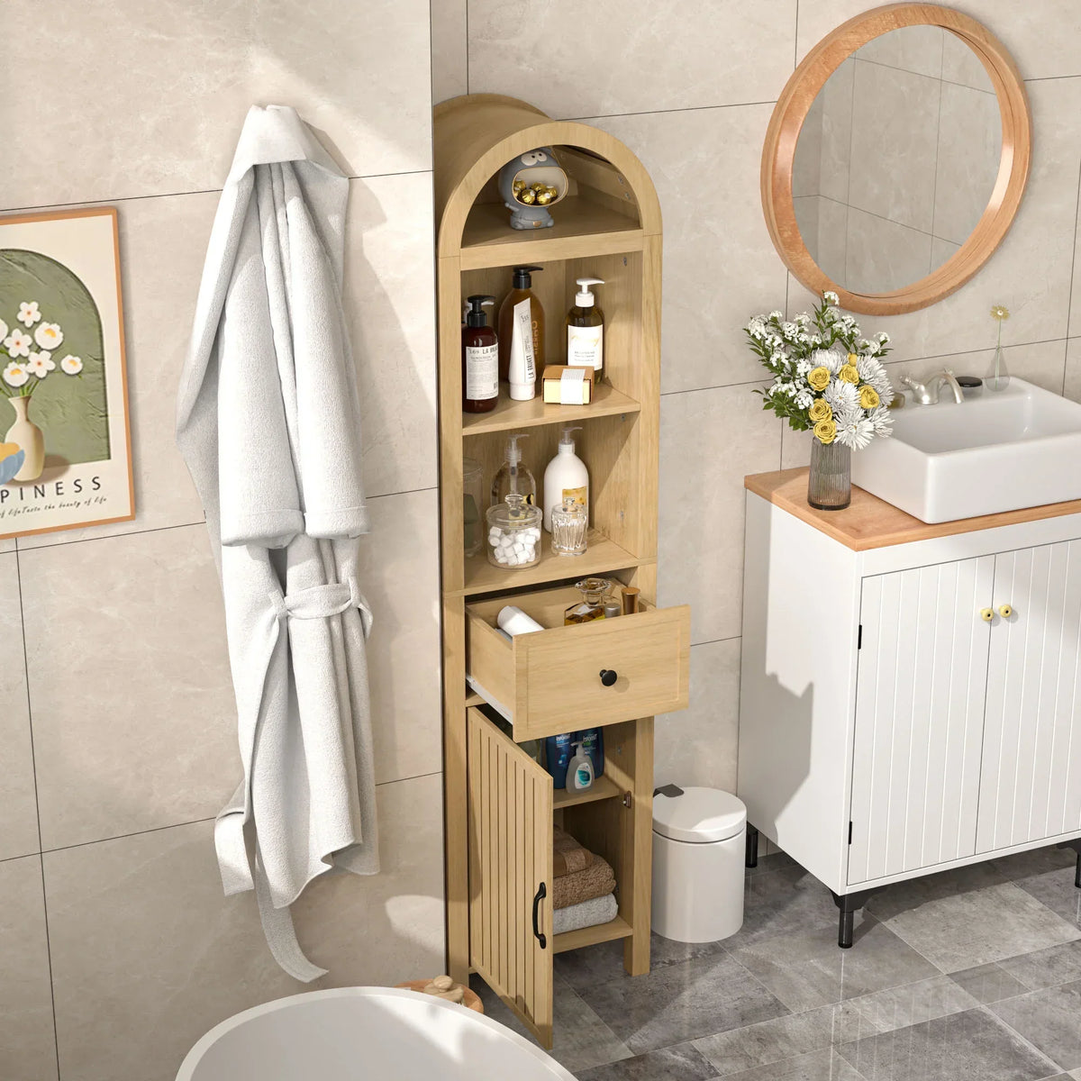 Nouveauté 2026 – Armoires de rangement hautes pour salle de bain Fiogmub avec portes et étagères, armoire à linge haute et étroite avec tiroir