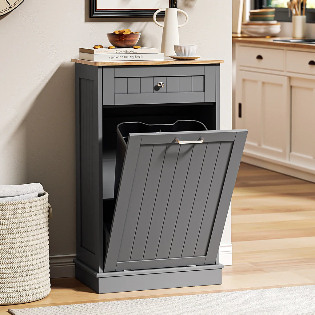 Nouveauté 2026 – Meuble poubelle basculant HARIPUL pour bac à déchets de 49 litres (13 gallons), meuble poubelle de cuisine autoportant avec tiroirs, blanc