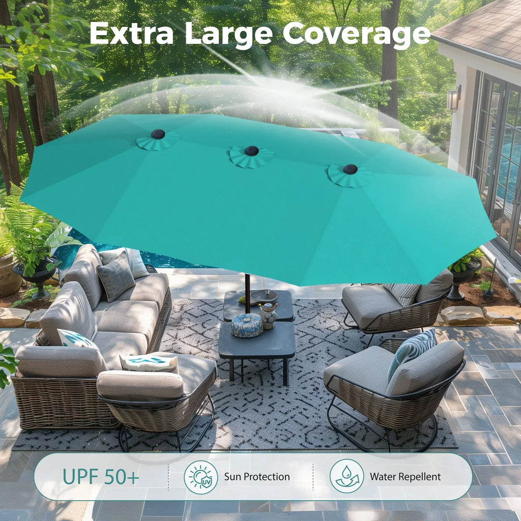 Nouveauté 2026 – Parasol de jardin extra-large Alpha Joy 4,57 m (15 pi) à double face avec manivelle et base - Gris fumé