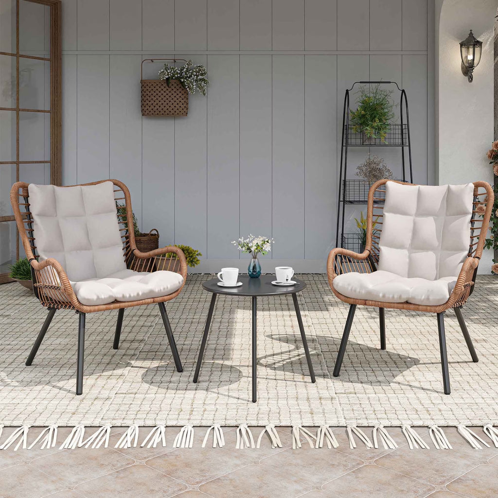 Nouveauté 2026 – Ensemble de mobilier de patio 3 pièces LAUSAINT HOME , comprenant un bistro d'extérieur à dossier haut, une table basse et des coussins beiges pour jardin ou terrasse