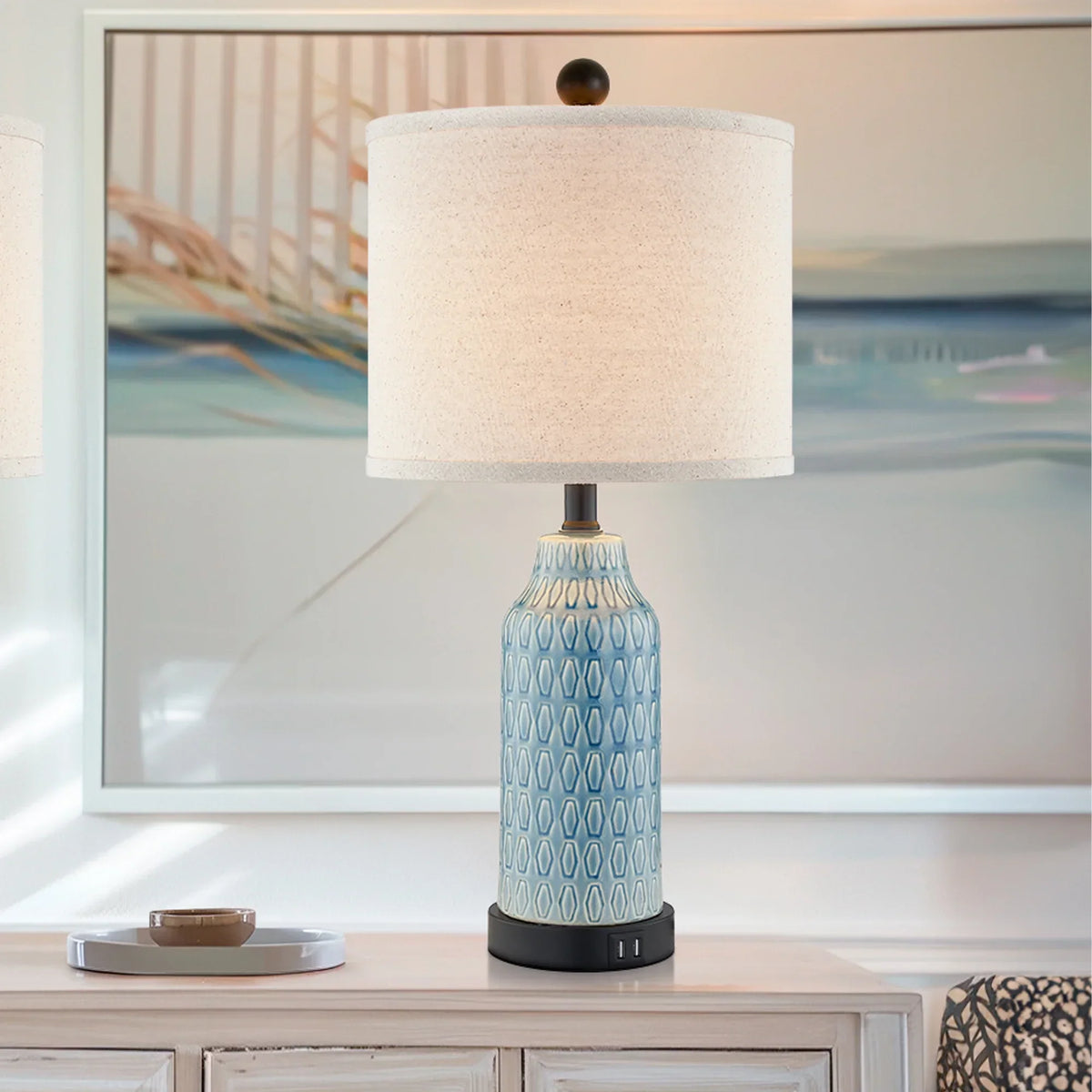 Nouveauté 2026 – Ensemble de 2 lampes de table Cinkeda pour salon et chambre à coucher, avec ports USB, prise secteur, intensité réglable à 3 niveaux, veilleuse tactile, style champêtre, motif floral blanc, lampes de chevet