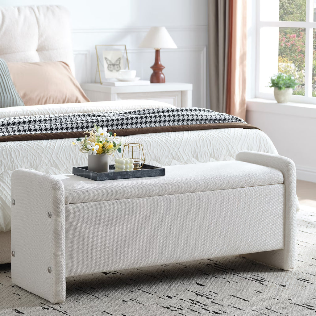 Nouveauté 2026 – Banc coffre Pinmoco de 112 cm (44 po), banc d'entrée rembourré avec rangement, idéal pour la chambre et le salon, en velours côtelé gris