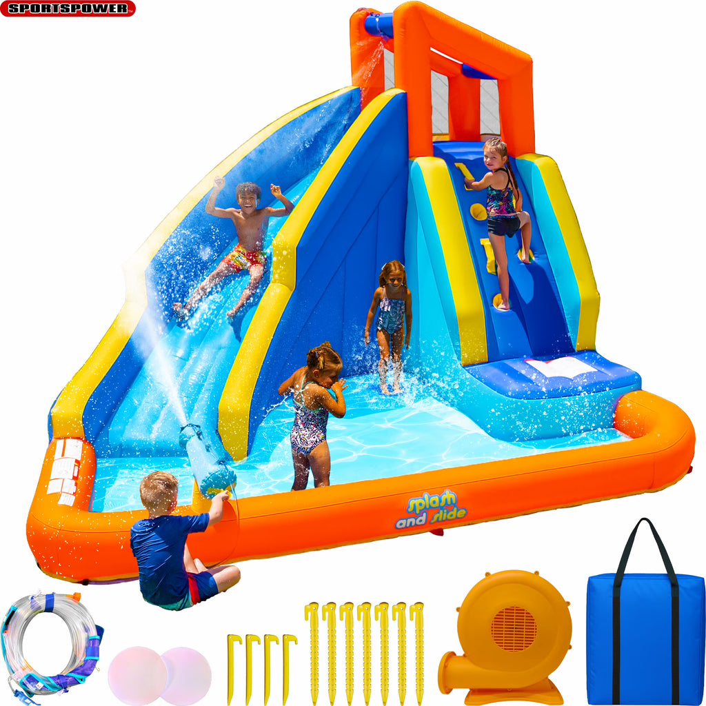 Nouveauté 2026 – Toboggan aquatique gonflable Sportspower® Big Wave II avec mur d'escalade et pataugeoire, 3-8 ans, ultra-résistant, certifié ASTM, garantie à vie sur le souffleur inclus