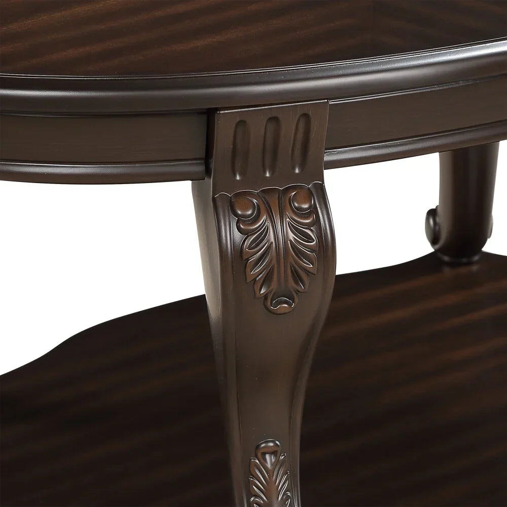 Nouveauté 2026 – Table basse ovale 42" avec étagère de rangement, table basse à deux niveaux en bois massif, style rétro traditionnel pour salon, supporte jusqu'à 181 kg, couleur cerisier