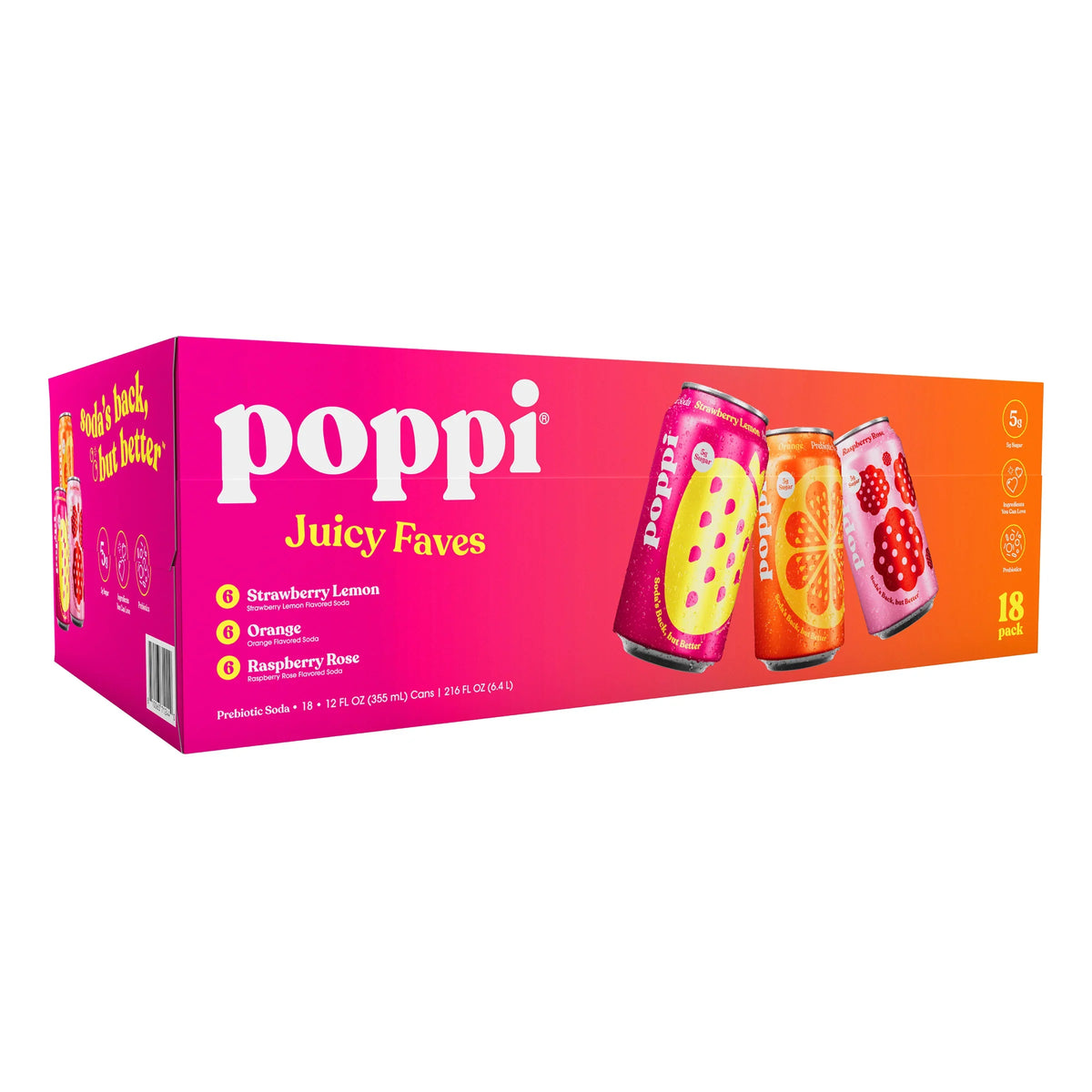 Nouveauté 2026 – Poppi Soda, Assortiment de saveurs Juicy Faves, 355 ml (12 oz liq.), paquet de 18