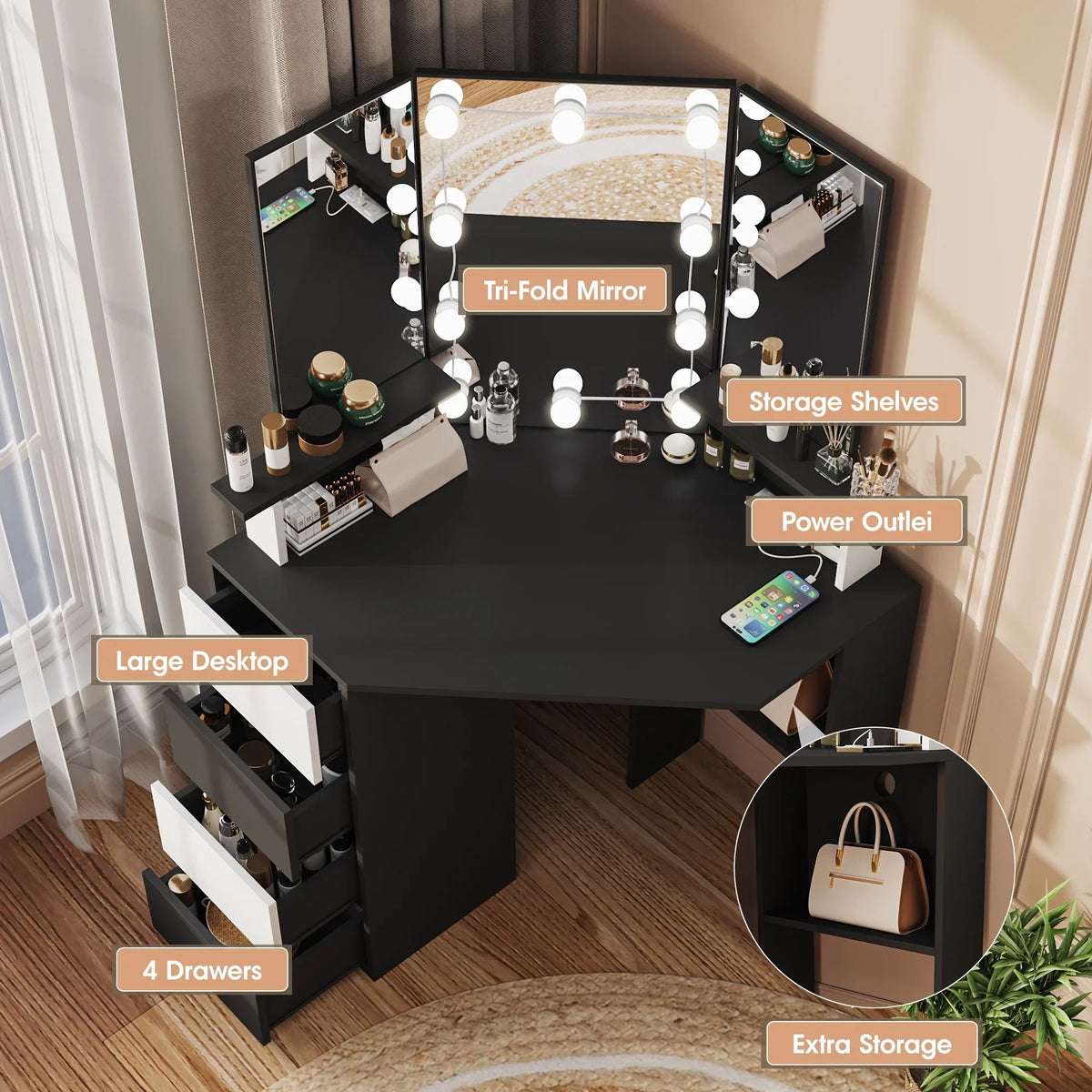 Nouveauté 2026 – Coiffeuse d'angle en placage bois blanc avec miroir et lumière, table de maquillage avec 4 tiroirs et station de recharge pour chambre à coucher