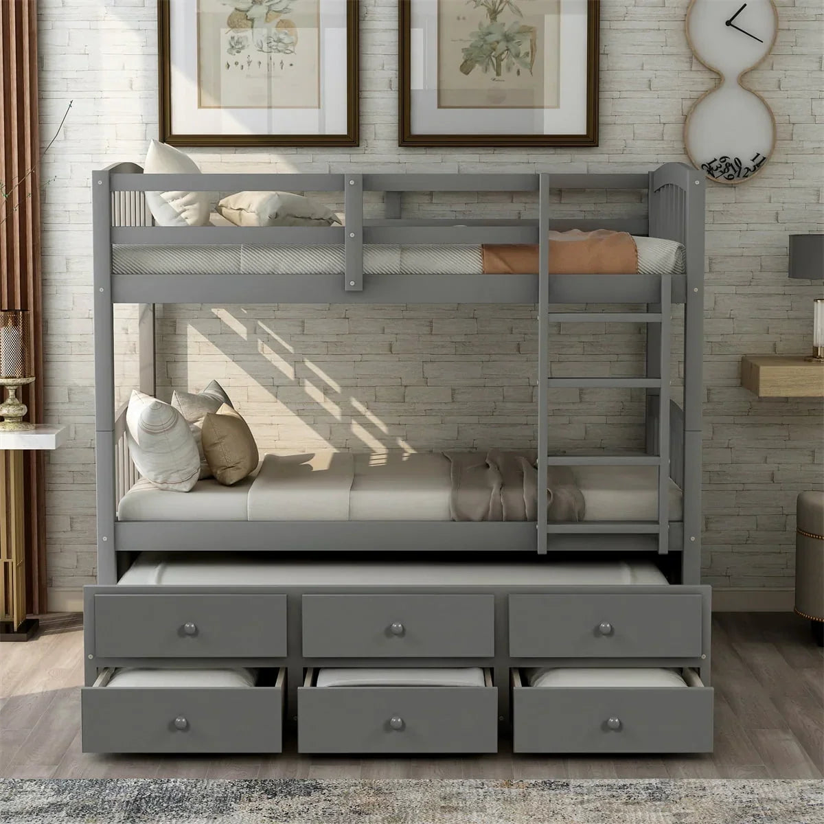 Nouveauté 2026 – Lit superposé Twin-Over-Twin avec 3 tiroirs de rangement, cadre de lit superposé simple avec échelle et barrière de sécurité, lit superposé gigogne en pin pour chambre d'adolescent ou chambre d'amis, convertible en 2 lits, gris