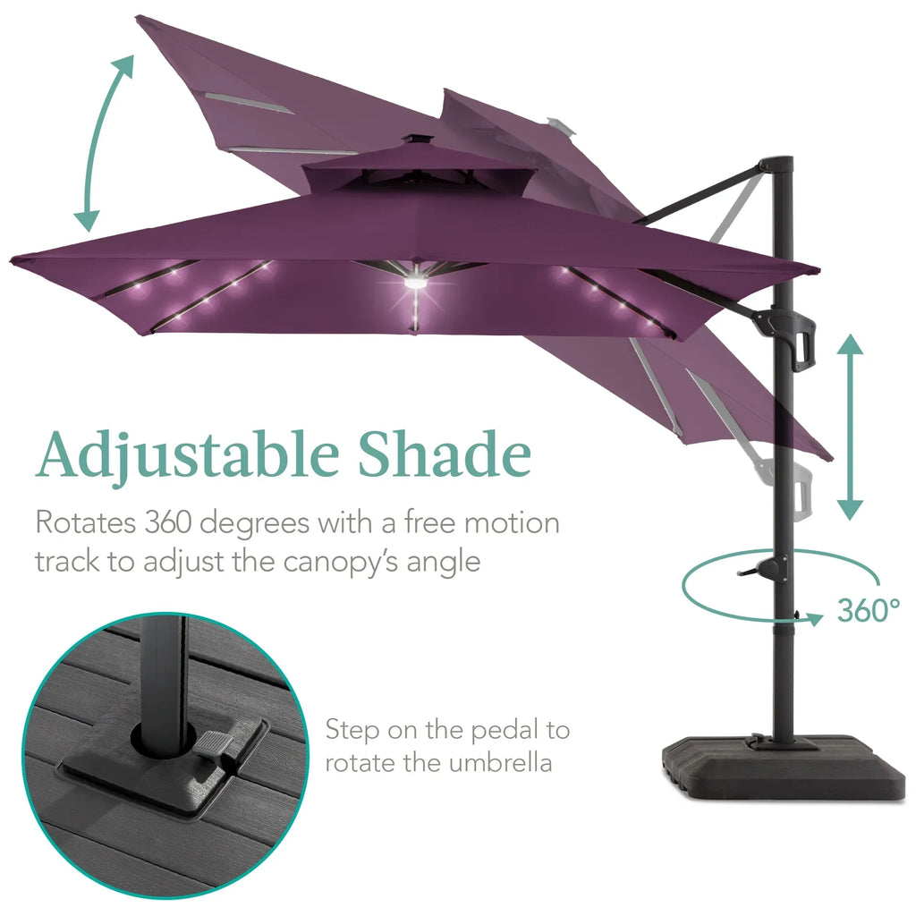 Nouveauté 2026 – Parasol de terrasse carré déporté à deux niveaux, 3 x 3 m, à éclairage solaire LED, avec base incluse (Best Choice Products, ) - Beige