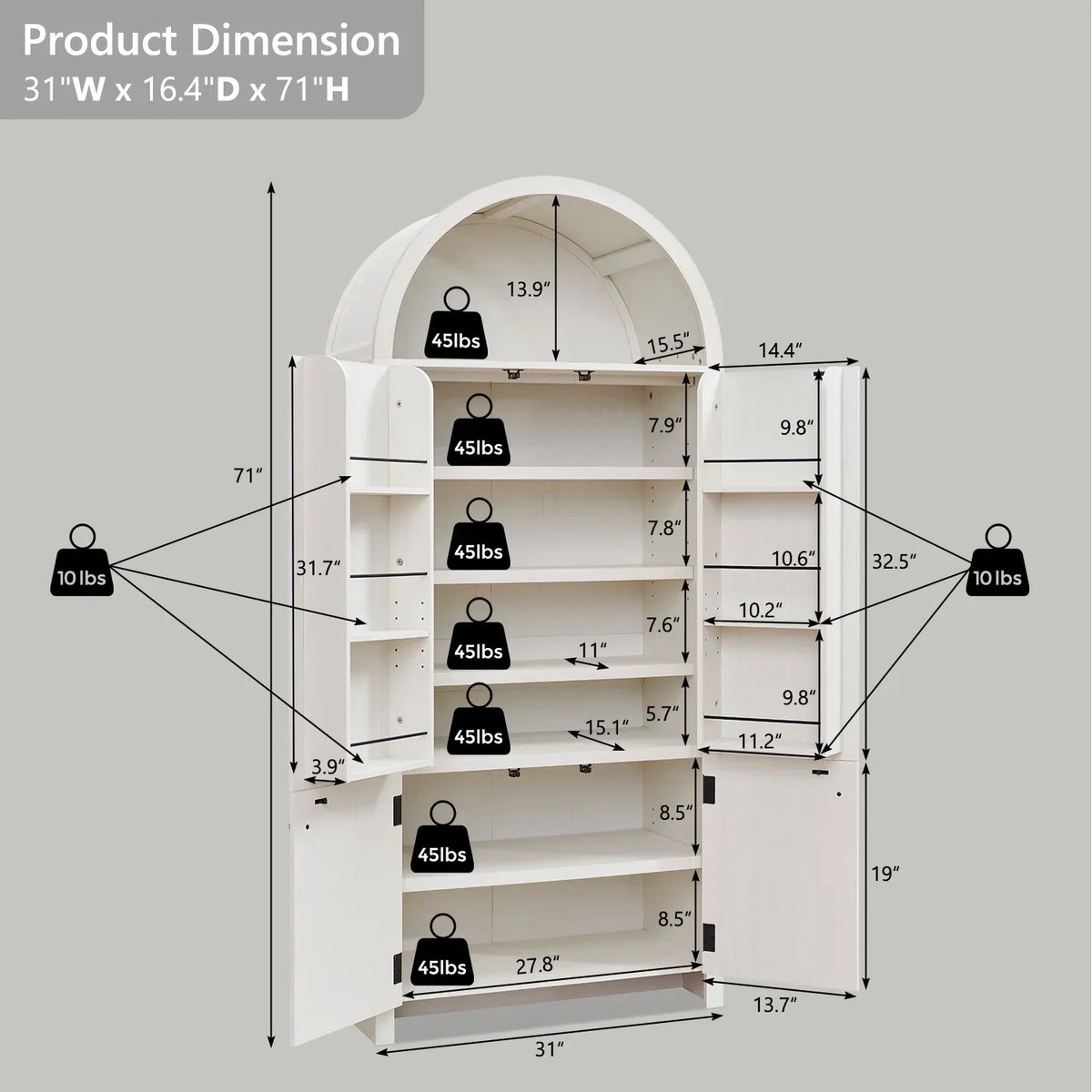 Nouveauté 2026 – Armoire de rangement de cuisine IFGET , 180 cm de haut, style arqué, avec étagères réglables, idéale pour la cuisine et la salle à manger