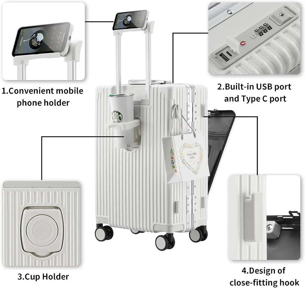 Nouveauté 2026 – Nouvelle valise cabine avec port de chargement USB, compartiment avant, serrure TSA, valise rigide cabine approuvée par les compagnies aériennes avec roulettes multidirectionnelles (grise, 20 pouces