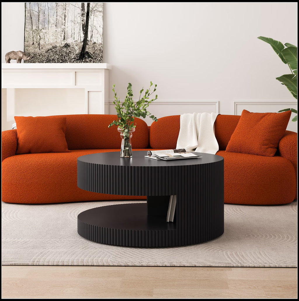 Nouveauté 2026 – Table basse ronde 31,5'', table basse moderne avec rangement, design à rayures verticales