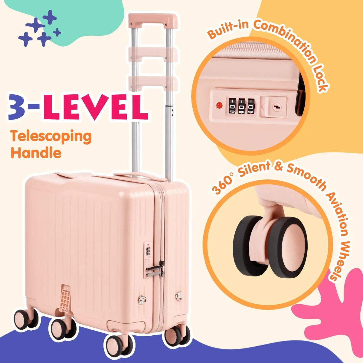 Nouveauté 2026 – Valise à roulettes Advwin pour enfants, avec sangle de traction, repose-pieds, porte-gobelet, 6 roues et poignée réglable, valise pivotante de 45,7 cm (18 pouces) avec autocollants et carte d'embarquement, rose