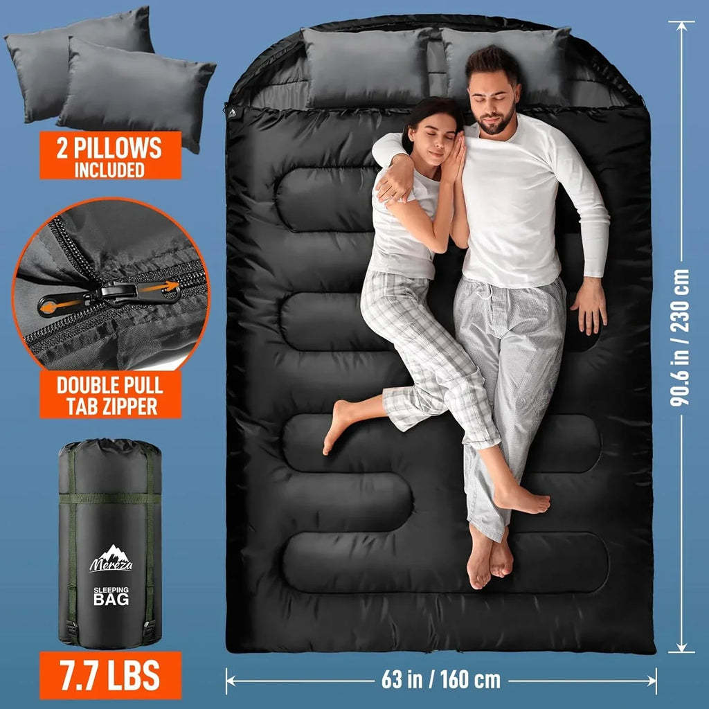 Nouveauté 2026 – Sac de couchage double pour adultes (hommes) avec oreiller, taille XL/Queen, idéal pour le camping, la randonnée et le trekking toutes saisons, par temps froid et chaud