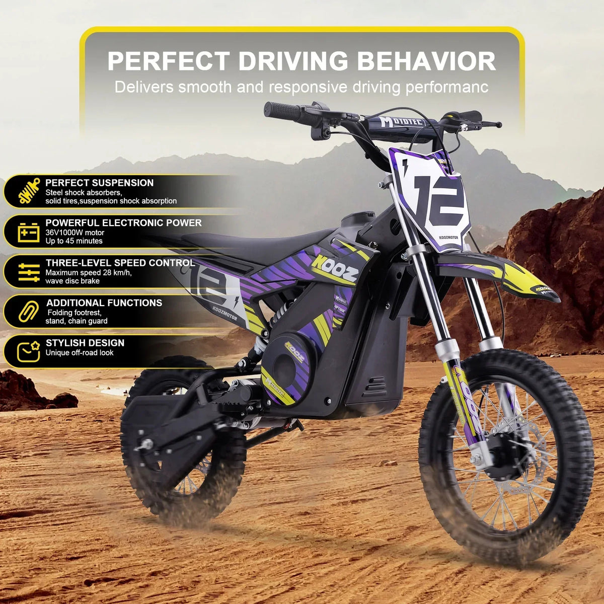 Nouveauté 2026 – Moto tout-terrain électrique MotoTec 36 V 1000 W (HP112E) bleue