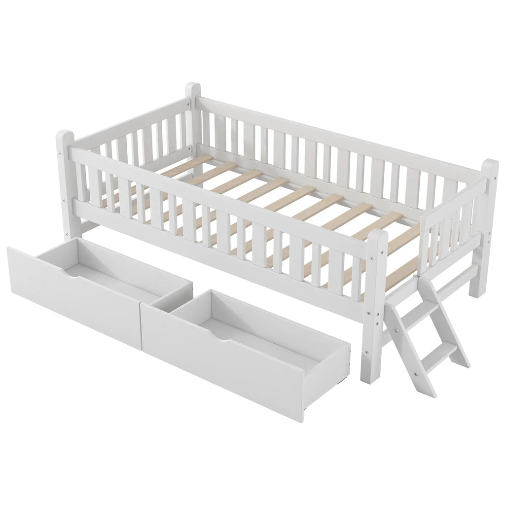 Nouveauté 2026 – Lit plateforme Euroco en bois, taille simple, avec 2 tiroirs et échelle, pour enfants et tout-petits, blanc